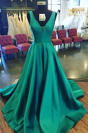 Long Satin Prom Dresses V-Neck Formal Evening Gowns