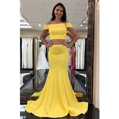 Two Pieces Yellow Satin Mermaid Evening Dresses