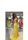 Two Pieces Yellow Satin Mermaid Evening Dresses