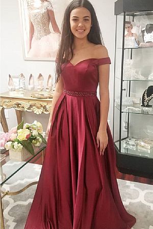 Off the Shoulder Burgundy Evening Dresses with Beaded Belt