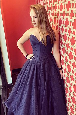 Sweetheart Navy Blue Dotted Tulle Prom Dresses