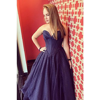 Sweetheart Navy Blue Dotted Tulle Prom Dresses