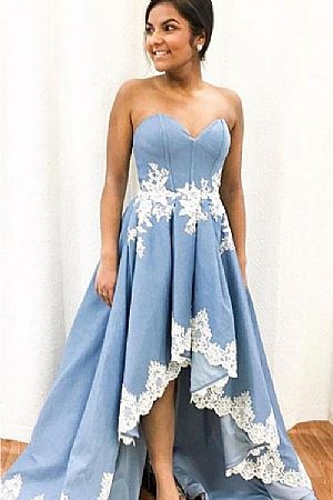 Hi-low Sky Blue Evening Dress with White Lace Appliques
