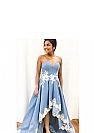 Hi-low Sky Blue Evening Dress with White Lace Appliques