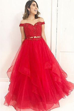 Two Pieces Beaded Red Tulle Prom Dresses