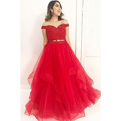 Two Pieces Beaded Red Tulle Prom Dresses