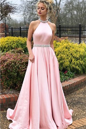 Light Pink Beaded Halter Prom Dresses