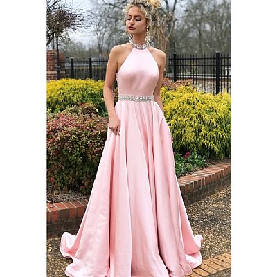 Light Pink Beaded Halter Prom Dresses