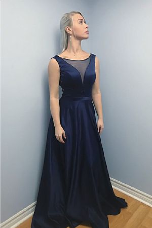 Navy Blue Beaded Satin Evening Dress 2018