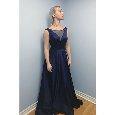 Navy Blue Beaded Satin Evening Dress 2018