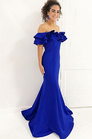 Off the Shoulder Royal Blue Ruffled Evening Dress