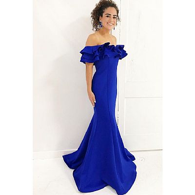 Off the Shoulder Royal Blue Ruffled Evening Dress