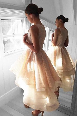 Light Champagne Multi-layered Hi-low Prom Dresses