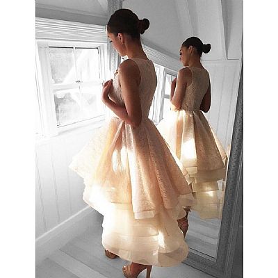 Light Champagne Multi-layered Hi-low Prom Dresses