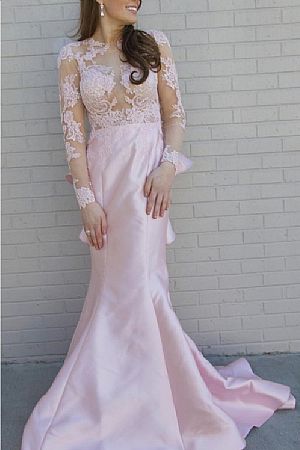 See Through Pink Evening Dress Long Sleeves with Ruffles