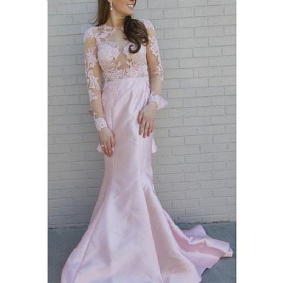 See Through Pink Evening Dress Long Sleeves with Ruffles