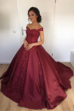 Burgundy Beading Appliqued Ball Gown Prom Dress
