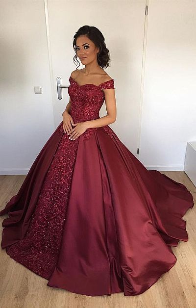 Burgundy Beading Appliqued Ball Gown Prom Dress