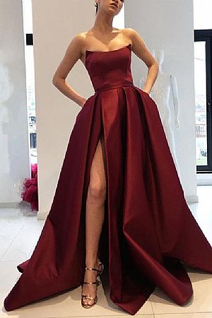 Strapless Bodice Corset Side Split Evening Dresses