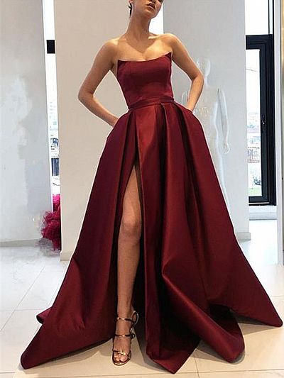 Strapless Bodice Corset Side Split Evening Dresses