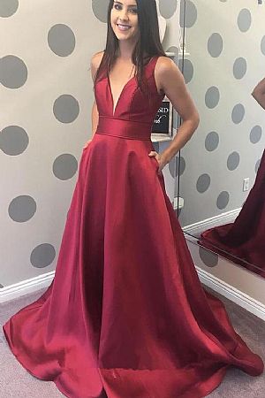 Simple V-Neck Burgundy Satin Evening Dresses