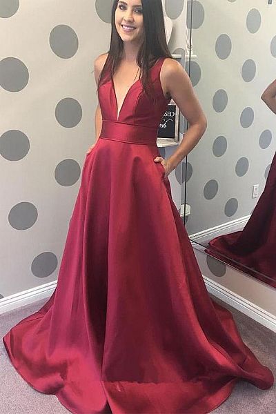 Simple V-Neck Burgundy Satin Evening Dresses