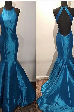 Stunning Halter Backless Blue Evening Dresses