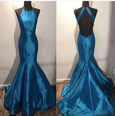 Stunning Halter Backless Blue Evening Dresses