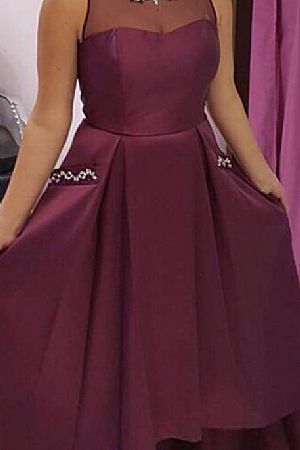 Beaded See Through Hi-low Burgundy Prom Dresses