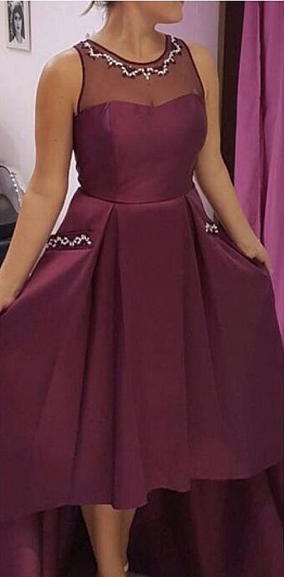 Beaded See Through Hi-low Burgundy Prom Dresses