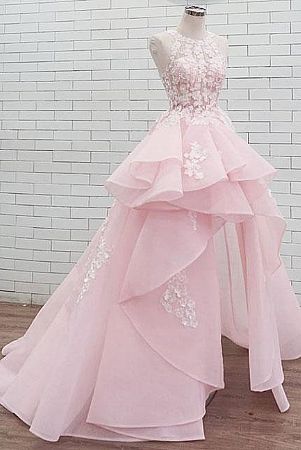 Princess Pink Floral Appliqued Hi-low Prom Dresses