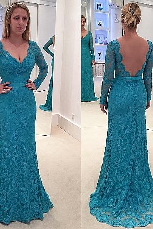 Simple Blue Lace Prom Evening Dress