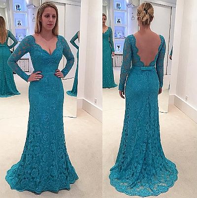 Simple Blue Lace Prom Evening Dress