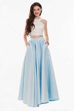 Two Pieces Blue Halter Evening Dresses with White Bodice