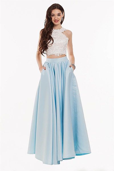 Two Pieces Blue Halter Evening Dresses with White Bodice