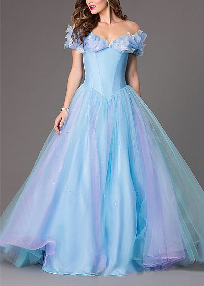 Cinderella Blue Tulle Ball Gowns Off the Shoulder