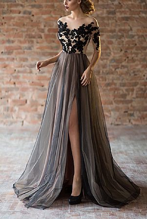 Sexy Side Split Tulle Evening Dresses with Beaded Appliques