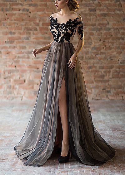 Sexy Side Split Tulle Evening Dresses with Beaded Appliques