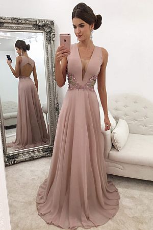 Sexy Deep V-Neck Beaded Pink Evening Dresses
