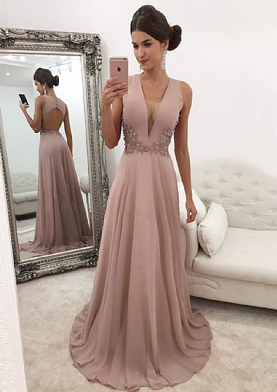 Sexy Deep V-Neck Beaded Pink Evening Dresses