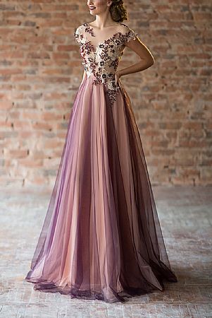 Gorgeous Purple and Pink Tulle Evening Dresses Appliqued Bodice