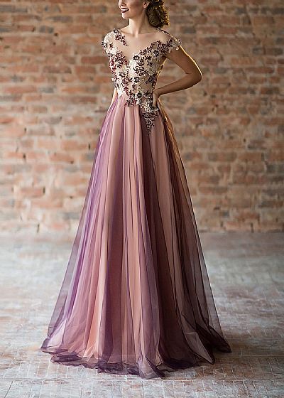 Gorgeous Purple and Pink Tulle Evening Dresses Appliqued Bodice