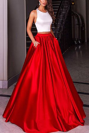 Stunning Two Pieces White and Red Halter Evening Dresses