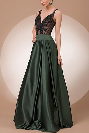 Hunter Green Evening Dresses with See Through Appliqued Bodice