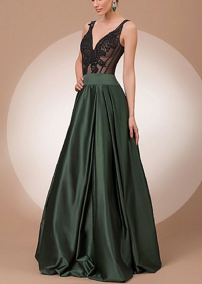 Hunter Green Evening Dresses with See Through Appliqued Bodice