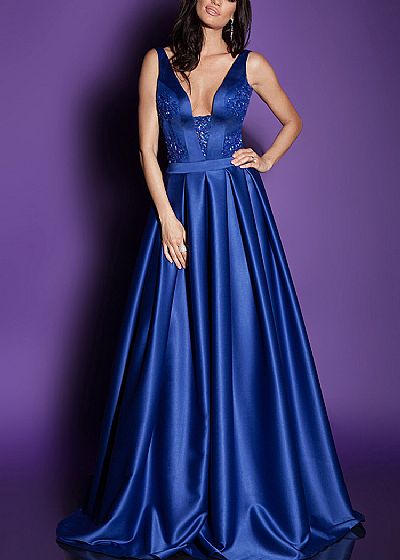 Sexy Double V-Neck Beaded Royal Blue Evening Dresses
