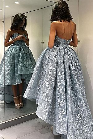 Strapless Floral Appliqued High Low Prom Dress