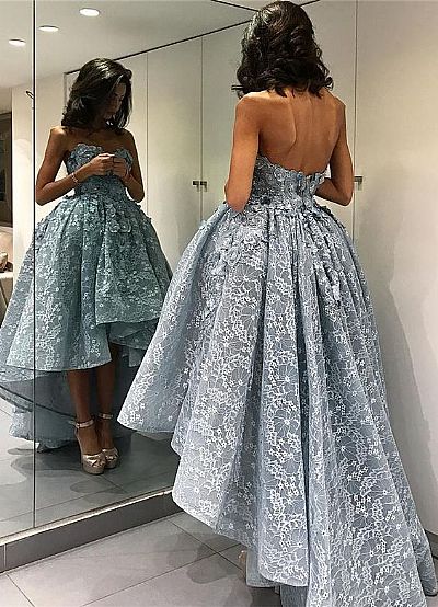 Strapless Floral Appliqued High Low Prom Dress