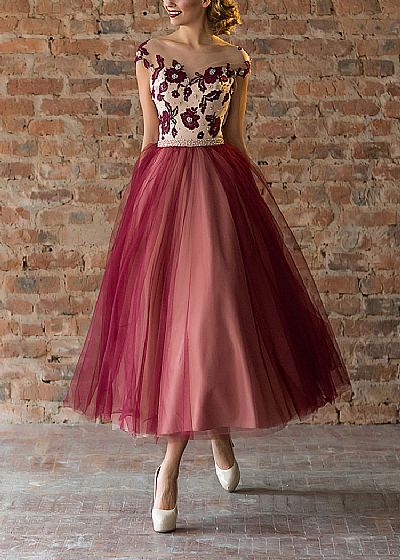 Tea Length Burgundy and Champagne Tulle Prom Dresses