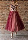 Tea Length Burgundy and Champagne Tulle Prom Dresses